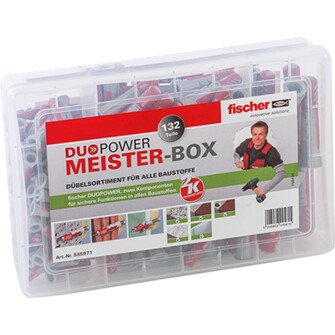 fischer Meister-Box DUOPOWER mit Schrauben enthält vorsortiert 50 DUOPOWER 6 x 30, 30 DUOPOWER 8 x 40 sowie 50 Spanplattenschrauben 4,5 x 40 und 30 Spanplattenschrauben 5 x 60