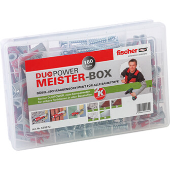 fischer Meister-Box DUOPOWER mit Schrauben enthält vorsortiert 50 DUOPOWER 6 x 30, 30 DUOPOWER 8 x 40 sowie 50 Spanplattenschrauben 4,5 x 40 und 30 Spanplattenschrauben 5 x 60