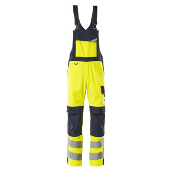 MASCOT® Latzhose Davos, Fluoreszierend mit Reflexen, Antistatisch, flammhemmend und mit Säureschutz, Schmutzabweisend, Schützt bei Lichtbögen und bei gelegentlichem Schweißen, Zweifache und dreifache Kappnähte an den Beinen und im Schritt, Schulterträger aus Stoff, verstellbar und mit kurzem, kräftigem Gummizug sowie Kunststoffschnallen versehen