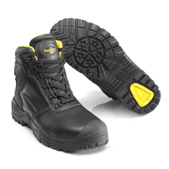 MASCOT® Footwear Batura Plus Sicherheitsstiefel, Ergonomisch geformte Zehenschutzkappe aus Aluminium mit großer Bewegungsfreiheit, Der dreilagige Knöchelschutz absorbiert und verteilt Druck und Stöße auf den Knöchel, zertifiziert nach EN ISO 20345, Aufgrund des äußerst verschleißfesten Spitzenschutzes aus PU für kniende Tätigkeiten gut geeignet, Die Sohle aus PU/Gummi ist speziell für anspruchsvolle Umgebungen entwickelt Sie ist bis 300°C Kontaktwärme hitzebeständig, Flammhemmende Nomex® Schnürsenkel, Rutschhemmende und verschleißfeste Laufsohle (SRC-zertifiziert) - öl- und benzinbeständig und gegenüber gewissen Chemikalien resistent