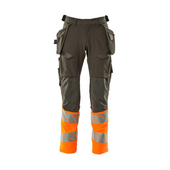 MASCOT® Accel. Safe Hose mit Hängetaschen, ULTIMATE STRETCH Hose, Der Stretchstoff ist in alle Richtungen elastisch und bietet eine unübertroffene Bewegungsfreiheit, wo nichts spannt oder stört, Der multifunktionelle Stretchstoff kombiniert ein niedriges Gewicht mit sehr hoher Strapazierfähigkeit und ist darüber hinaus wasserabweisend, Hängetaschen mit Kevlar® und CORDURA®-Gewebe Verstärkungen, Abnehmbare Hängetaschen, Effektive Belüftung am Bein durch Reißverschluss am Oberschenkel, Zollstocktasche mit Kevlar®-Verstärkungen - besonders widerstandsfähig gegen spitze und scharfe Gegenstände, Knietaschen aus in zwei Richtungen dehnbarem CORDURA®, die zusätzliche Bewegungsfreiheit beim Knien bieten, Die Knietaschen sind höhenverstellbar, so dass der Knieschutz optimal an den Knien platziert ist, Zertifiziert für die Verwendung zusammen mit dem MASCOT-Kniepolstertyp SHORT oder LONG, da die Kniepolstertasche höhenverstellbar ist