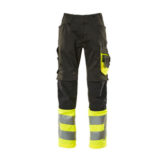 MASCOT® Safe Supreme Leeds Hose, Strapazierfähige, dreifache Kappnähte an den Beinen und im Schritt verlängern die Lebensdauer des Produktes, Die Oberflächenbehandlung macht das Produkt schmutzabweisend und sorgt für hohe Sichtbarkeit, Einfaches Verlängern der Hose um 3cm, durch auftrennen der roten Naht auf der Innenseite