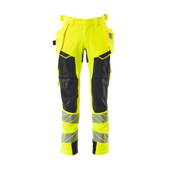 MASCOT® Accel. Safe Hose mit Hängetaschen, ULTIMATE STRETCH Hose, Der Stretchstoff ist in alle Richtungen elastisch und bietet eine unübertroffene Bewegungsfreiheit, wo nichts spannt oder stört, Der multifunktionelle Stretchstoff kombiniert ein niedriges Gewicht mit sehr hoher Strapazierfähigkeit und ist darüber hinaus wasserabweisend, Effektive Belüftung am Bein durch Reißverschluss am Oberschenkel, Hängetaschen mit Kevlar® und CORDURA®-Gewebe Verstärkungen, Abnehmbare Hängetaschen, Zollstocktasche mit Kevlar®-Verstärkungen - besonders widerstandsfähig gegen spitze und scharfe Gegenstände, Knietaschen aus in zwei Richtungen dehnbarem CORDURA®, die zusätzliche Bewegungsfreiheit beim Knien bieten, Die Knietaschen sind höhenverstellbar, so dass der Knieschutz optimal an den Knien platziert ist, Zertifiziert für die Verwendung zusammen mit dem MASCOT-Kniepolstertyp SHORT oder LONG, da die Kniepolstertasche höhenverstellbar ist