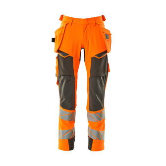 MASCOT® Accel. Safe Hose mit Hängetaschen, ULTIMATE STRETCH Hose, Der Stretchstoff ist in alle Richtungen elastisch und bietet eine unübertroffene Bewegungsfreiheit, wo nichts spannt oder stört, Der multifunktionelle Stretchstoff kombiniert ein niedriges Gewicht mit sehr hoher Strapazierfähigkeit und ist darüber hinaus wasserabweisend, Effektive Belüftung am Bein durch Reißverschluss am Oberschenkel, Hängetaschen mit Kevlar® und CORDURA®-Gewebe Verstärkungen, Abnehmbare Hängetaschen, Zollstocktasche mit Kevlar®-Verstärkungen - besonders widerstandsfähig gegen spitze und scharfe Gegenstände, Knietaschen aus in zwei Richtungen dehnbarem CORDURA®, die zusätzliche Bewegungsfreiheit beim Knien bieten, Die Knietaschen sind höhenverstellbar, so dass der Knieschutz optimal an den Knien platziert ist, Zertifiziert für die Verwendung zusammen mit dem MASCOT-Kniepolstertyp SHORT oder LONG, da die Kniepolstertasche höhenverstellbar ist