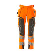 MASCOT® Accel. Safe Hose mit Hängetaschen, ULTIMATE STRETCH Hose, Der Stretchstoff ist in alle Richtungen elastisch und bietet eine unübertroffene Bewegungsfreiheit, wo nichts spannt oder stört, Der multifunktionelle Stretchstoff kombiniert ein niedriges Gewicht mit sehr hoher Strapazierfähigkeit und ist darüber hinaus wasserabweisend, Effektive Belüftung am Bein durch Reißverschluss am Oberschenkel, Hängetaschen mit Kevlar® und CORDURA®-Gewebe Verstärkungen, Abnehmbare Hängetaschen, Zollstocktasche mit Kevlar®-Verstärkungen - besonders widerstandsfähig gegen spitze und scharfe Gegenstände, Knietaschen aus in zwei Richtungen dehnbarem CORDURA®, die zusätzliche Bewegungsfreiheit beim Knien bieten, Die Knietaschen sind höhenverstellbar, so dass der Knieschutz optimal an den Knien platziert ist, Zertifiziert für die Verwendung zusammen mit dem MASCOT-Kniepolstertyp SHORT oder LONG, da die Kniepolstertasche höhenverstellbar ist