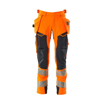 MASCOT® Accel. Safe Hose mit Hängetaschen, ULTIMATE STRETCH Hose, Der Stretchstoff ist in alle Richtungen elastisch und bietet eine unübertroffene Bewegungsfreiheit, wo nichts spannt oder stört, Der multifunktionelle Stretchstoff kombiniert ein niedriges Gewicht mit sehr hoher Strapazierfähigkeit und ist darüber hinaus wasserabweisend, Effektive Belüftung am Bein durch Reißverschluss am Oberschenkel, Hängetaschen mit Kevlar® und CORDURA®-Gewebe Verstärkungen, Abnehmbare Hängetaschen, Zollstocktasche mit Kevlar®-Verstärkungen - besonders widerstandsfähig gegen spitze und scharfe Gegenstände, Knietaschen aus in zwei Richtungen dehnbarem CORDURA®, die zusätzliche Bewegungsfreiheit beim Knien bieten, Die Knietaschen sind höhenverstellbar, so dass der Knieschutz optimal an den Knien platziert ist, Zertifiziert für die Verwendung zusammen mit dem MASCOT-Kniepolstertyp SHORT oder LONG, da die Kniepolstertasche höhenverstellbar ist