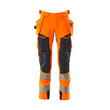 MASCOT® Accel. Safe Hose mit Hängetaschen, ULTIMATE STRETCH Hose, Der Stretchstoff ist in alle Richtungen elastisch und bietet eine unübertroffene Bewegungsfreiheit, wo nichts spannt oder stört, Der multifunktionelle Stretchstoff kombiniert ein niedriges Gewicht mit sehr hoher Strapazierfähigkeit und ist darüber hinaus wasserabweisend, Effektive Belüftung am Bein durch Reißverschluss am Oberschenkel, Hängetaschen mit Kevlar® und CORDURA®-Gewebe Verstärkungen, Abnehmbare Hängetaschen, Zollstocktasche mit Kevlar®-Verstärkungen - besonders widerstandsfähig gegen spitze und scharfe Gegenstände, Knietaschen aus in zwei Richtungen dehnbarem CORDURA®, die zusätzliche Bewegungsfreiheit beim Knien bieten, Die Knietaschen sind höhenverstellbar, so dass der Knieschutz optimal an den Knien platziert ist, Zertifiziert für die Verwendung zusammen mit dem MASCOT-Kniepolstertyp SHORT oder LONG, da die Kniepolstertasche höhenverstellbar ist