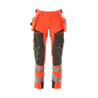 MASCOT® Accel. Safe Hose mit Hängetaschen, ULTIMATE STRETCH Hose, Der Stretchstoff ist in alle Richtungen elastisch und bietet eine unübertroffene Bewegungsfreiheit, wo nichts spannt oder stört, Der multifunktionelle Stretchstoff kombiniert ein niedriges Gewicht mit sehr hoher Strapazierfähigkeit und ist darüber hinaus wasserabweisend, Effektive Belüftung am Bein durch Reißverschluss am Oberschenkel, Hängetaschen mit Kevlar® und CORDURA®-Gewebe Verstärkungen, Abnehmbare Hängetaschen, Zollstocktasche mit Kevlar®-Verstärkungen - besonders widerstandsfähig gegen spitze und scharfe Gegenstände, Knietaschen aus in zwei Richtungen dehnbarem CORDURA®, die zusätzliche Bewegungsfreiheit beim Knien bieten, Die Knietaschen sind höhenverstellbar, so dass der Knieschutz optimal an den Knien platziert ist, Zertifiziert für die Verwendung zusammen mit dem MASCOT-Kniepolstertyp SHORT oder LONG, da die Kniepolstertasche höhenverstellbar ist