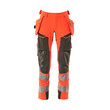 MASCOT® Accel. Safe Hose mit Hängetaschen, ULTIMATE STRETCH Hose, Der Stretchstoff ist in alle Richtungen elastisch und bietet eine unübertroffene Bewegungsfreiheit, wo nichts spannt oder stört, Der multifunktionelle Stretchstoff kombiniert ein niedriges Gewicht mit sehr hoher Strapazierfähigkeit und ist darüber hinaus wasserabweisend, Effektive Belüftung am Bein durch Reißverschluss am Oberschenkel, Hängetaschen mit Kevlar® und CORDURA®-Gewebe Verstärkungen, Abnehmbare Hängetaschen, Zollstocktasche mit Kevlar®-Verstärkungen - besonders widerstandsfähig gegen spitze und scharfe Gegenstände, Knietaschen aus in zwei Richtungen dehnbarem CORDURA®, die zusätzliche Bewegungsfreiheit beim Knien bieten, Die Knietaschen sind höhenverstellbar, so dass der Knieschutz optimal an den Knien platziert ist, Zertifiziert für die Verwendung zusammen mit dem MASCOT-Kniepolstertyp SHORT oder LONG, da die Kniepolstertasche höhenverstellbar ist