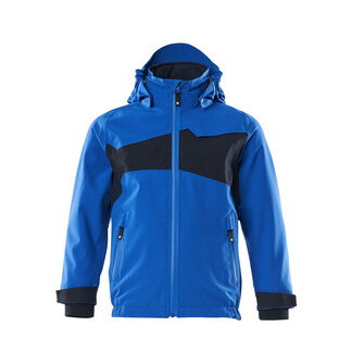 MASCOT® Hard Shell Jacke, Kinder, wasserdicht, Leichte Meterware. Winddicht und wasserabweisend. Nähte sind verklebt. Abnehmbare, gefütterte Kapuze mit Elastikeinsatz. Verschluss mit Reißverschluss und inwendiger Wetterschutzleiste. Vordertaschen mit Reißverschluss