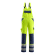 MASCOT® Safe Compete Barras Latzhose, Die Oberflächenbehandlung macht das Produkt schmutzabweisend und sorgt für hohe Sichtbarkeit, Strapazierfähige, dreifache Kappnähte an den Beinen und im Schritt verlängern die Lebensdauer des Produktes, Individuelle Anpassung durch regulierbaren Bund, Schenkeltasche mit Handytasche, Patte und Klettverschluss, Knietaschen mit Eingriff von unten, damit sich kein Schmutz sammeln kann, Zertifiziert für die Verwendung zusammen mit dem MASCOT-Kniepolstertyp SHORT oder LONG, da die Kniepolstertasche höhenverstellbar ist