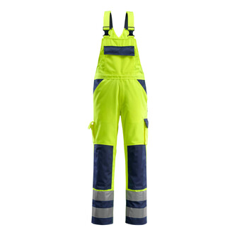 MASCOT® Safe Compete Barras Latzhose, Die Oberflächenbehandlung macht das Produkt schmutzabweisend und sorgt für hohe Sichtbarkeit, Strapazierfähige, dreifache Kappnähte an den Beinen und im Schritt verlängern die Lebensdauer des Produktes, Individuelle Anpassung durch regulierbaren Bund, Schenkeltasche mit Handytasche, Patte und Klettverschluss, Knietaschen mit Eingriff von unten, damit sich kein Schmutz sammeln kann, Zertifiziert für die Verwendung zusammen mit dem MASCOT-Kniepolstertyp SHORT oder LONG, da die Kniepolstertasche höhenverstellbar ist