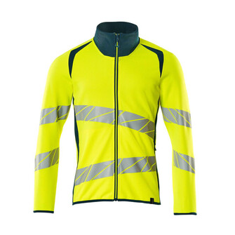 MASCOT® Accelerate Safe Sweatshirt mit Reißverschluss Fluoreszierend und mit schrägverlaufenden Reflexen. Zweifarbig. Moderne Passform. Angenehme Baumwollinnenseite und strapazierfähiges Polyester mit Stretch an der Außenseite. Quadratisches Jacquardmuster. Reflexe sind elastisch. Reißverschluss, durchgehend. Vordertaschen mit Reißverschluss