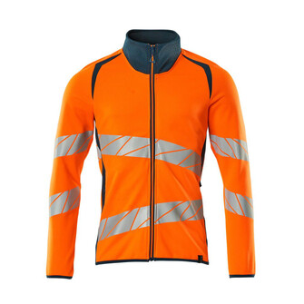 MASCOT® Accelerate Safe Sweatshirt mit Reißverschluss Fluoreszierend und mit schrägverlaufenden Reflexen. Zweifarbig. Moderne Passform. Angenehme Baumwollinnenseite und strapazierfähiges Polyester mit Stretch an der Außenseite. Quadratisches Jacquardmuster. Reflexe sind elastisch. Reißverschluss, durchgehend. Vordertaschen mit Reißverschluss