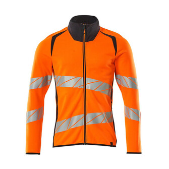 MASCOT® Accelerate Safe Sweatshirt mit Reißverschluss Fluoreszierend und mit schrägverlaufenden Reflexen. Zweifarbig. Moderne Passform. Angenehme Baumwollinnenseite und strapazierfähiges Polyester mit Stretch an der Außenseite. Quadratisches Jacquardmuster. Reflexe sind elastisch. Reißverschluss, durchgehend. Vordertaschen mit Reißverschluss