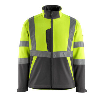 MASCOT® Safe Light Kiama Soft Shell Jacke, Der dunkle Stoff ist dort platziert, wo das Produkt am häufigsten Schmutz ausgesetzt wird, Atmungsaktiv, Fleece an der Innenseite, Keine Nähte auf der Schulter, So kann kein aufgestautes Wasser eindringen, Verbesserte Sicherheit, da der senkrechte Reflex bis hinunter zum waagerechten Reflex reicht, Zusätzlicher Kälteschutz durch verlängerten Rücken