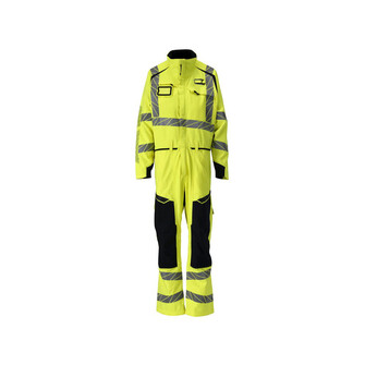 MASCOT® Accelerate Multisafe Kombination, Overall mit Knietaschen, Zweifarbig. Fluoreszierend und mit schräg verlaufenden Reflexen. Antistatisch, flammhemmend und mit Säureschutz. Schützt bei Lichtbögen. Teile des Produktes sind aus Stretchstoff. Vorbereitet für die Hängetaschen mit Click Pocket System. Reißverschluss und doppelte Wetterschutzleiste mit Magnetverschluss. Brusttasche mit Reißverschluss. Zweifache Kappnähte an den Beinen und im Schritt. Hosenbeine sind ergonomisch geformt. Vordertaschen. Gesäßtaschen, verstärkt und mit Patte. Zollstocktasche mit Patte, verstärkt. Schenkeltasche mit Handyfach, Patte und verdecktem Druckknopf und integriertem ID-Kartenhalter. Knietaschen aus CORDURA®-Gewebe, höhenregulierbar