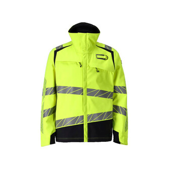 MASCOT® Accelerate Multisafe Soft Shell Jacke, Winddicht und wasserabweisend. Zweifarbig. Fluoreszierend und mit schräg verlaufenden Reflexen. Antistatisch, flammhemmend und mit Säureschutz. Schützt bei Lichtbögen und bei gelegentlichem Schweißen. Stehkragen. Quick Release Reißverschluss und doppelte Wetterschutzleiste mit Magnetverschluss. Gurtband für einen Gasalarm hi-vis gelb/schwarzblau